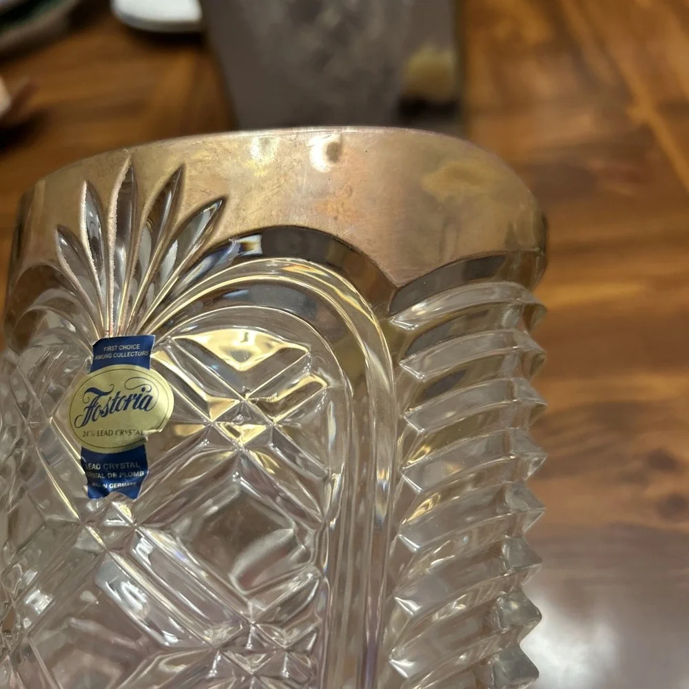 Collectible Fostoria Lead Crystal‎ Geometric Glass Clear Vase Gold Trim W Box